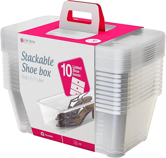 Life Story 6 Liter Shoe, Accessory, and Closet Plastic Storage Box Multi-Purpose Lidded Stacking Tote Containers, Clear (160 Pack)