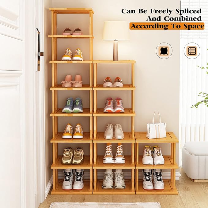 SAN HE Bamboo Shoe Rack 3Tier- Vertical Shoe Rack for Small Spaces, Tall Narrow Shoe Rack Organizer for Closet Entryway Corner Garage and Bedroom,Skinny Shoe Shelf with Free Stackable DIY