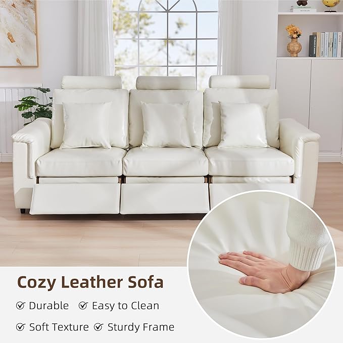 LEVNARY 3-Seater Modular Reclining Sofa, Upholstered Faux Leather Power Recliner Couch with 3 Electric Seats, 3 Pillows & Side Pockets, Adjustable Back & Footrest, Living Room Furniture (White)