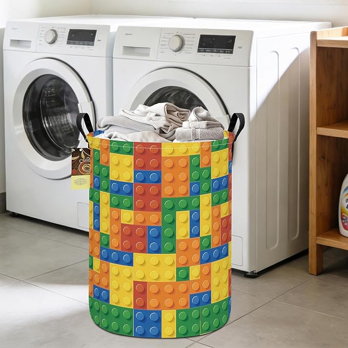 HUNRUNG Collapsible Fabric Storage Basket, Waterproof Laundry Hamper with Handles, Round Storage Bin for Clothes Toys, Foldable Organizer for Bedroom Nursery Bathroom(Round-Colorful Blocks)