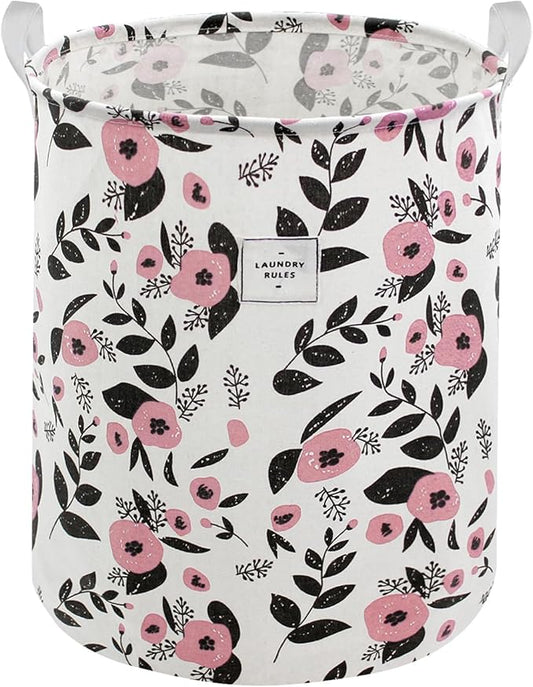 Mziart Cute Laundry Basket, Large Floral Laundry Hamper for Girls Kids Toys Collapsible Clothes Organizer Waterproof Foldable Baby Hamper for Nursery Dorm Fabric Storage Basket Bin with Handles (Pink)
