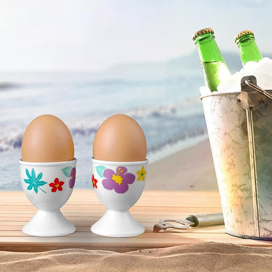 Cinf Ceramic Egg Cups Easter Gift Set of 2 Porcelain Holder Breakfast Boiled Cooking Easy to Clean Childhood Memories Kitchen(Hawaii Flower)