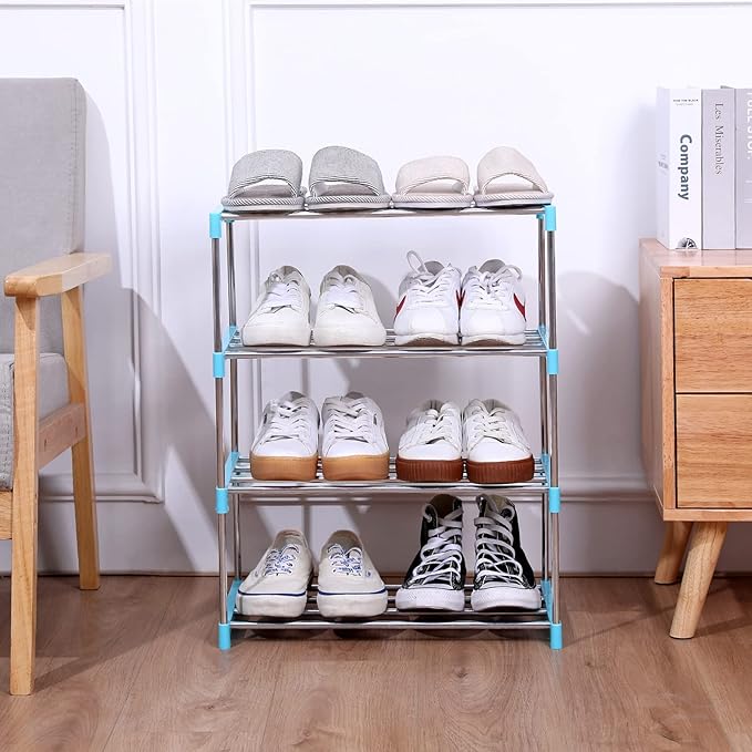 Jucaifu Stackable Small Shoe Rack, Entryway, Hallway and Closet Space Saving Storage and Organization (4-Tier, Blue)
