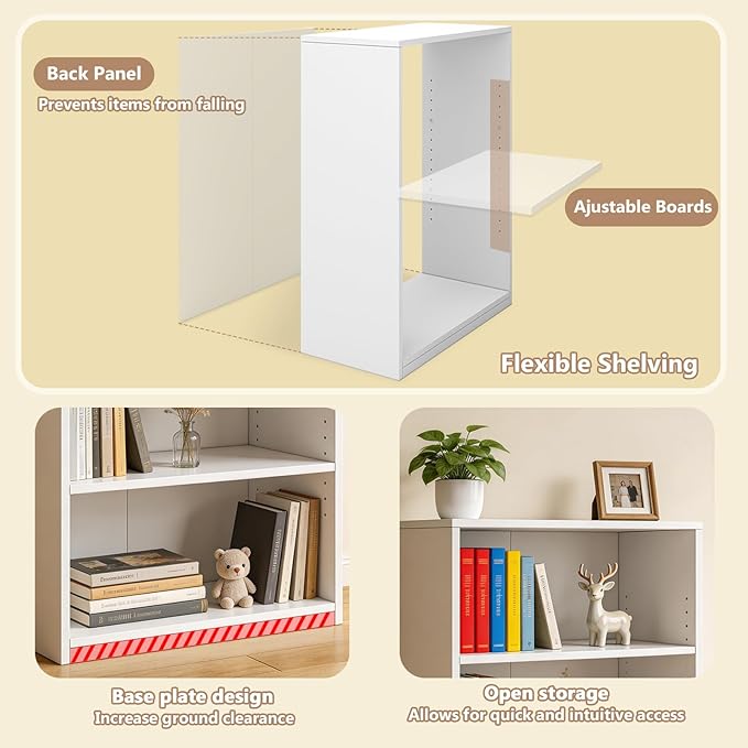 CTESNE【2026 Adjustable Shelves 3-Tier Bookcase, 71 inches, Wooden Open Display Floor Bookshelf (White)