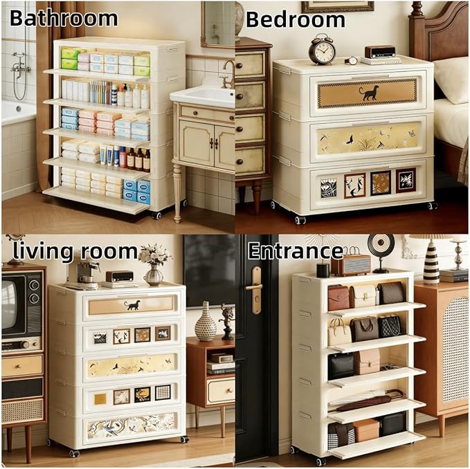 180QT Foldable Storage Cabinet with Lids, Stackable Storage Drawers with Doors and Wheels,ABS Durable Storage Cabinet Organizer for Home, Living Room, Kitchen, Stylish Home Decor (3 Tier)