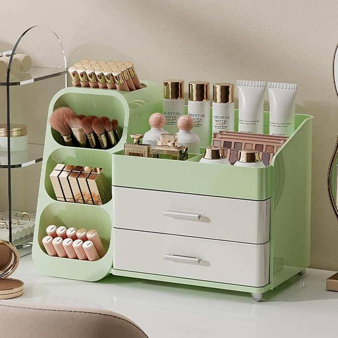 Booklov Makeup Organizer for Vanity, Large Capacity Cosmetic Display Case with Drawers, Countertop Beauty Storage Holder for Skincare, Brush Eyeliner Eyeshadow Lipsticks, Counter Desk, Cream Green