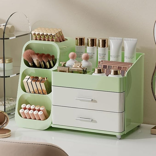 Booklov Makeup Organizer for Vanity, Large Capacity Cosmetic Display Case with Drawers, Countertop Beauty Storage Holder for Skincare, Brush Eyeliner Eyeshadow Lipsticks, Counter Desk, Cream Green