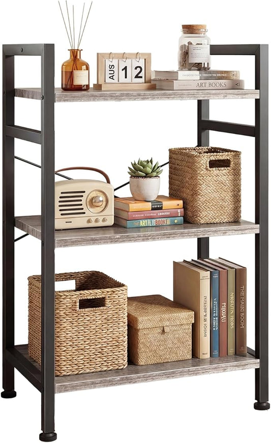 DUMOS 3 Tiers Bookshelf, Classical Book Shelf, Tall Display Shelves in Living Room/Home/Office, Storage Organizer for CDs/Books/Movies, Wood Grey