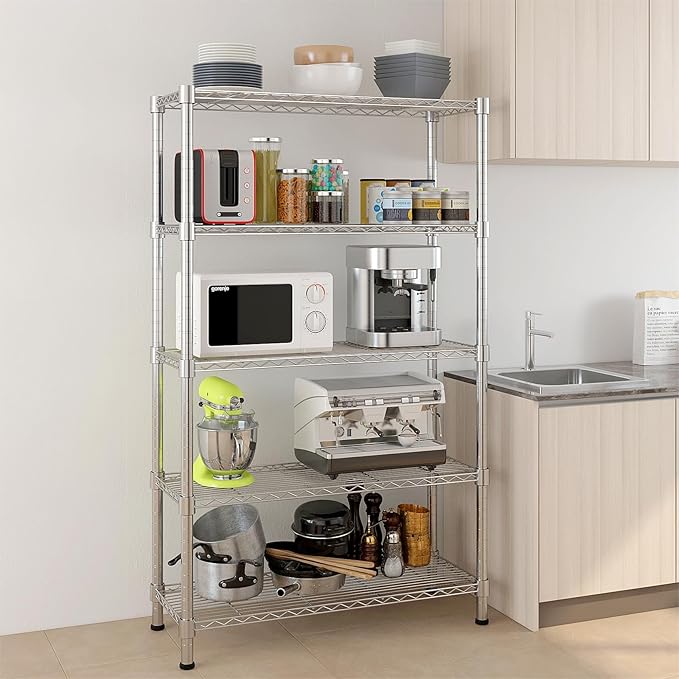 5 Tier Storage Racks Shelving, Heavy Steel Pantry Shelves, Adjustable Wire Shelving Rack, Suitable for Garage, Kitchen, Bathroom, Office, 35" W x 14" D x 71" H, Chrome