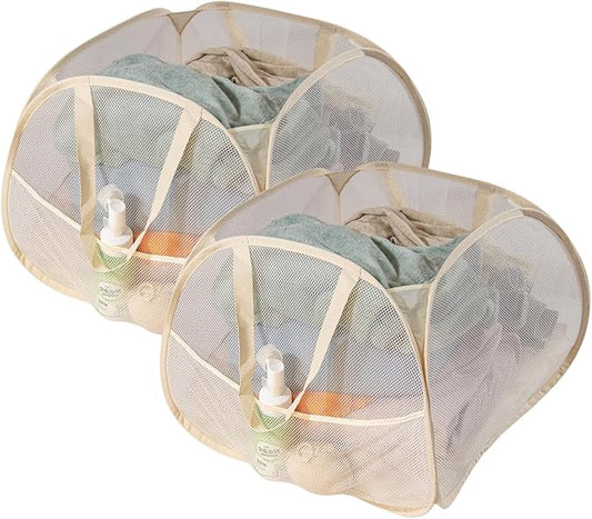 Collapsible Laundry Basket 90L, Foldable Mesh Pop-up Laundry Hamper with Handles, Dirty Clothes Hamper for Laundry with Side Storage Pocket(Beige, 2PCS)