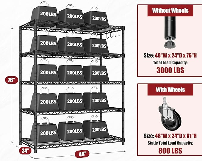 PrimeZone 4 Packs 48" W x 24" D x 81" H Heavy Duty Wire Storage Shelves with Wheels, 5 Tier Adjustable NSF Certified Garage Shelving Unit, Rolling Metal Organizer Shelf Rack for Warehouse, Restaurant
