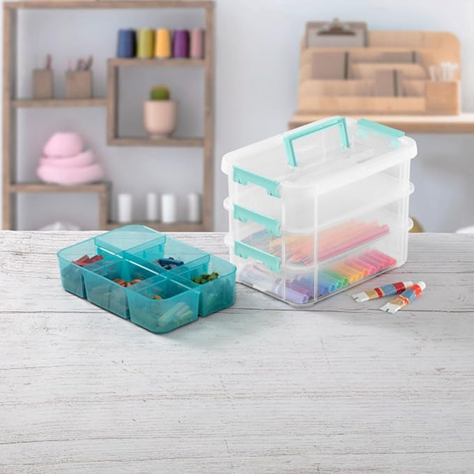 Sterilite 18 Pack Plastic Storage Box Container, 3 Layer, Stack and Carry, Clear/Blue