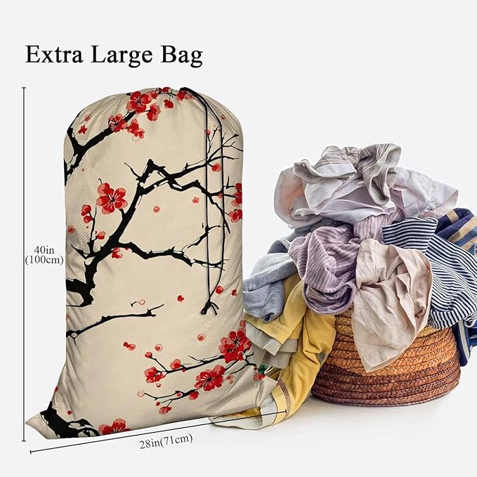 Swono Cherry Blossom Heavy Duty Large Laundry Bags 1 Pack, 28x40 inch Red Floral Branches Spring Blooming Drawstring Travel Organizer Bag, Tear Resistant Dirty Cloth Storage, 4 Loads of Clothes, Beige