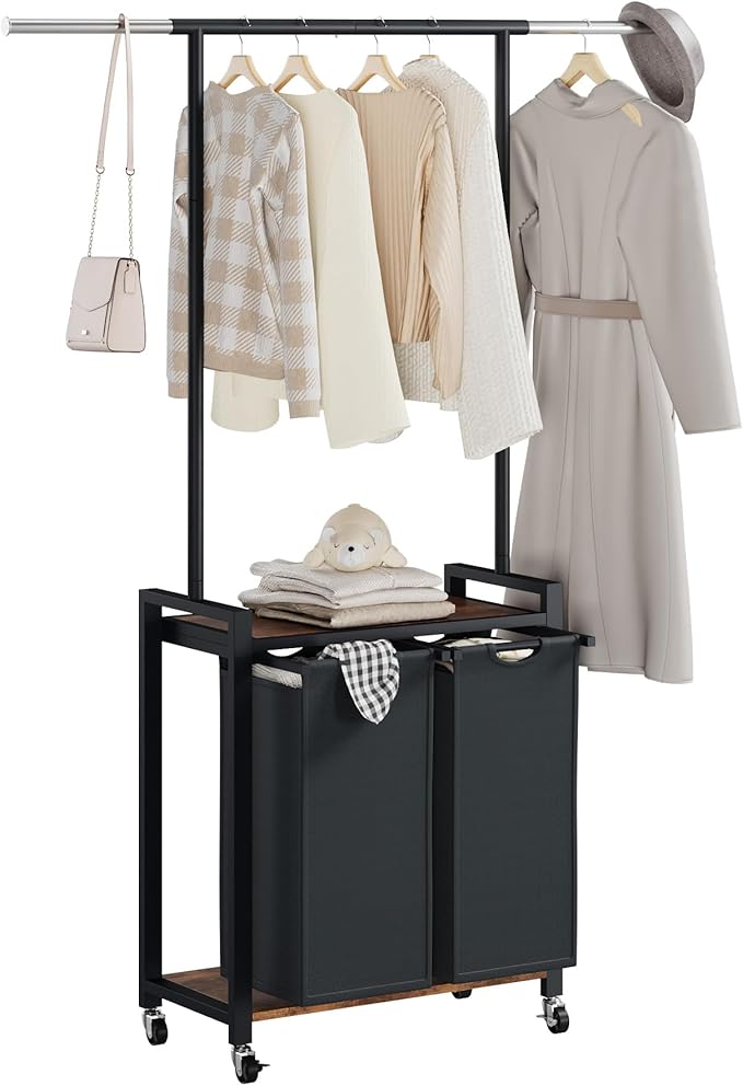 Garvee 2-Section Laundry Sorter with Shelf and Hanging Rack, Rolling Laundry Basket with Shelf and Wheels, Heavy Duty Laundry Hamper Rack for Laundry Room, Bedroom, Bathroom, Black