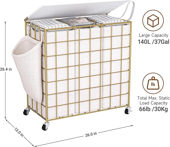Laundry Basket with Wheels, Heavy Duty Laundry Sorter 3 Sections, 140L (37Gal.) Large Capacity Laundry Hamper with Wood Lid, 360 Rolling Wheels, Extra Side Pocket, Leather Pull Handle, Golden