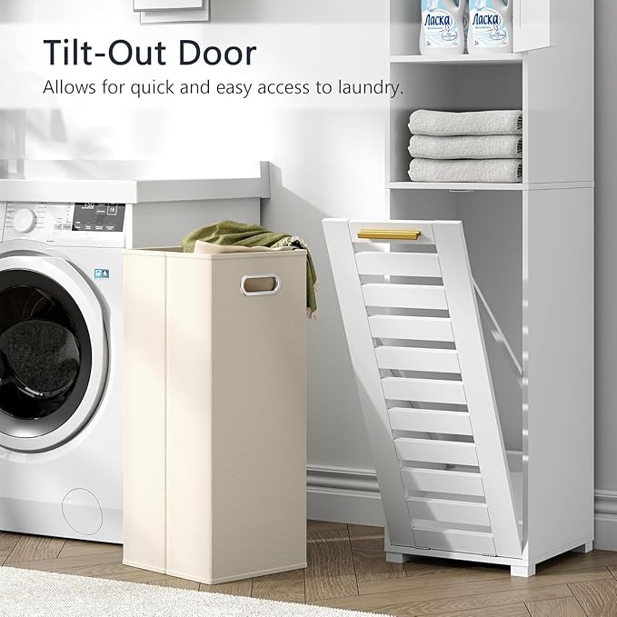 VECELO 66'' Tall Tilt Out Laundry Hamper Cabinet, Hidden Laundry Hamper with Removable Storage Basket, Open Shelf and Mirror, for Laundry Room Bathroom, White