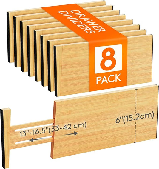 Lifewit 6" High 8 Pack Bamboo Drawer Dividers 33-42cm/13-16.5" Adjustable Wooden Drawer Organizer for Clothes/Utensils, Expandable Drawer Separator for Dresser/Kitchen/Bedroom/Office Organization