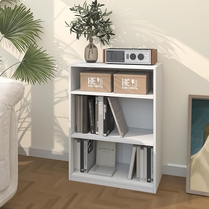 CTESNE【2026 Adjustable Shelves 3-Tier Bookcase, 71 inches, Wooden Open Display Floor Bookshelf (White)