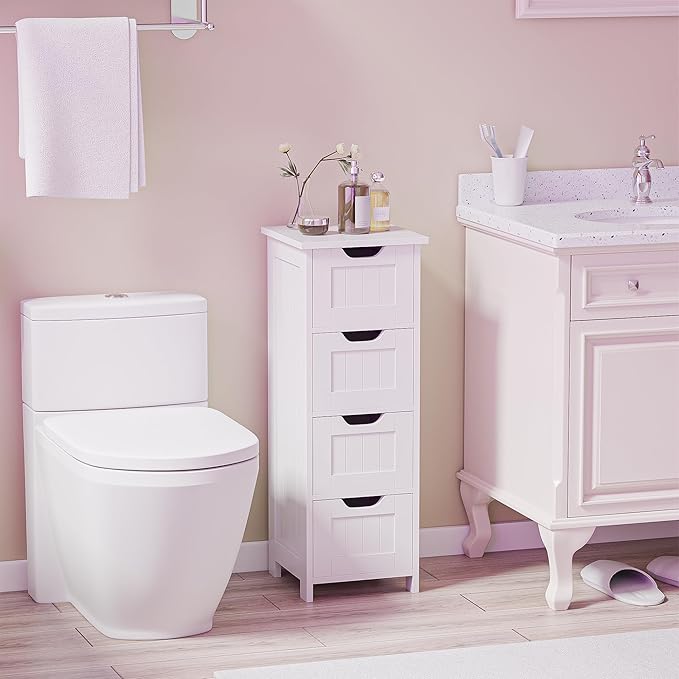 SUPER DEAL Small Bathroom Storage Cabinet with 4 Drawers, Freestanding Narrow Wooden Side Storage Organizer for Bathroom Hallway Living Room, White
