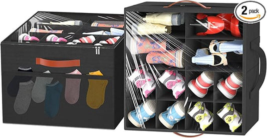 Aokeyee 2 Pack Shoe Organizer for Closet, Foldable Shoe Storage Organizer Box w/Clear Cover and 4 Reinforced Handles, Space Saving Shoes Bin Fits up to 32 Pairs, Black