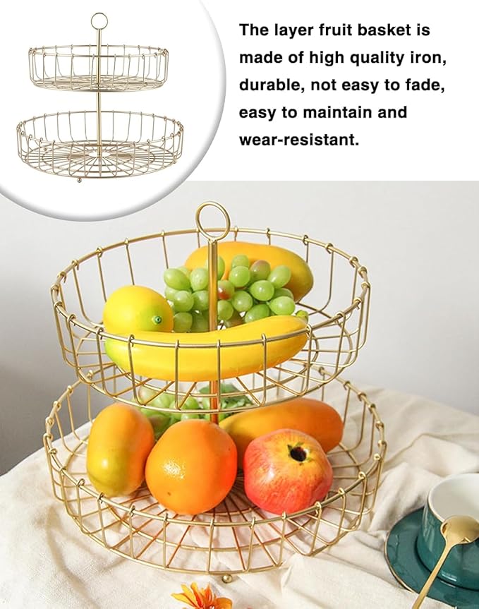 Fruit Bowl,11.93in Iron Round Golden 2 Tier Fruit Basket Nordic Household Snack Storage Tray for Kitchen Parties for Fruits Vegetables