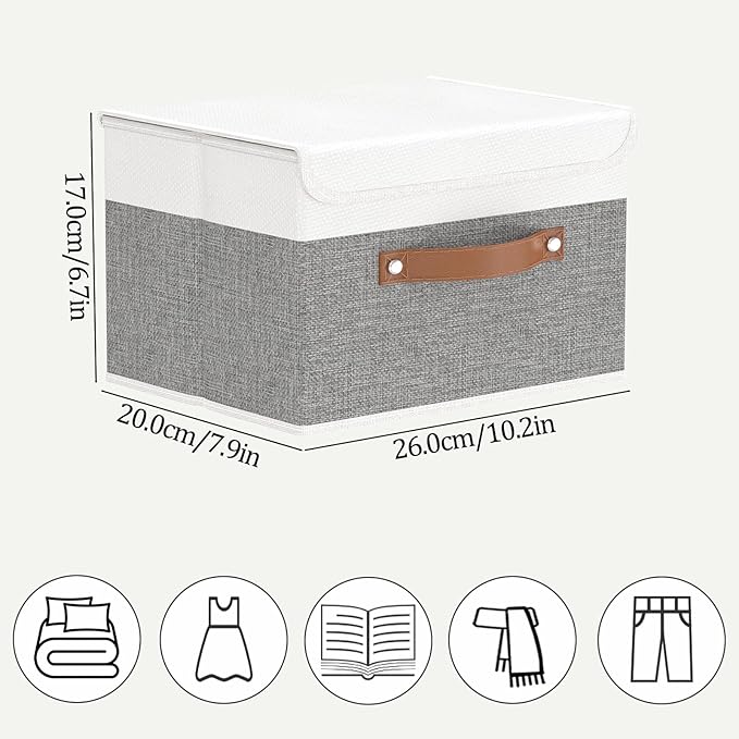 OUTBROS Storage Boxes, Collapsible Storage Bins with Lids, Cotton and linen cloth Storage Baskets with Handle, for Books, Closet, White/Grey, 3 Pack 10.2 x 7.9 x 6.7in