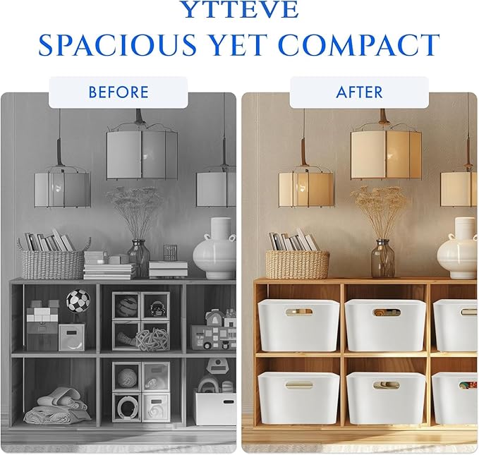 2 Pack Large Plastic Storage Bins with Handles, 13.7x10.2x5.7 Inch Stackable White Organizer Containers for Kitchen, Pantry, Closet, Bathroom, Office, Cabinet, Drawer, Snack, Toy & Makeup Organization
