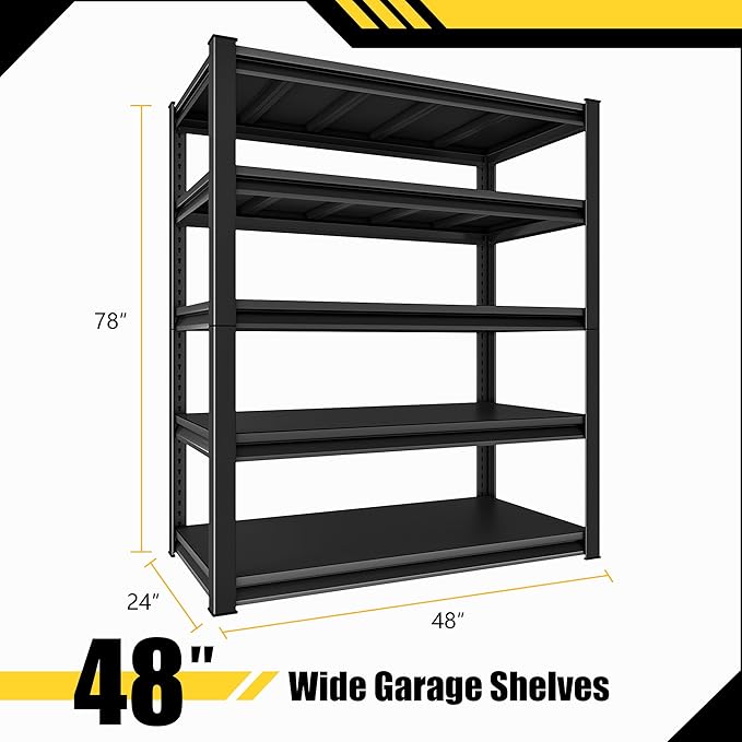 Metal Garage Shelving Heavy Duty，3000LBS Loads Garage Storage Shelves, 48”W 5-Tier Adjustable Storage Racks and Shelving Units for Garage Basement and Kitchen, 48”W x 24”D x 78”H,Black