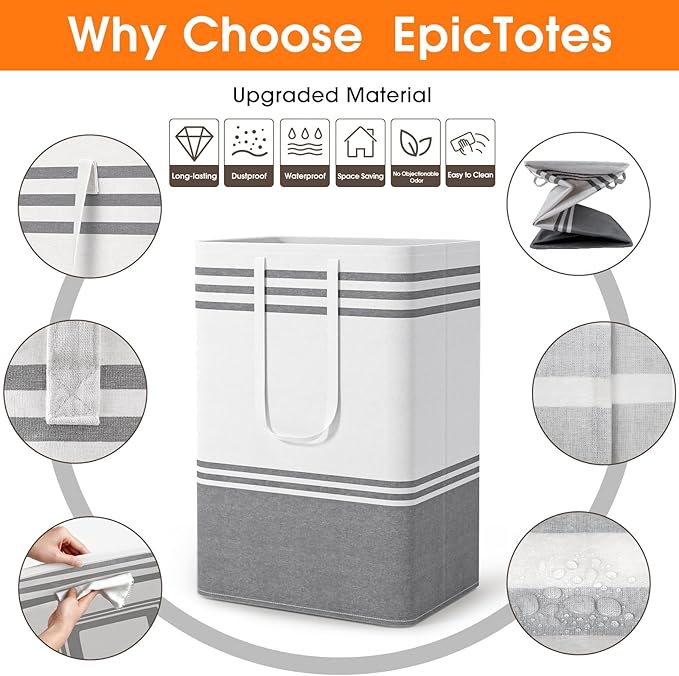 2 Pack Large Laundry Baskets, Laundry Hampers, Freestanding Waterproof Collapsible Clothes Bags with Reinforced Handles - Foldable Dirty Clothes Basket for Dorm, Bathroom, Room (Grey/75L)