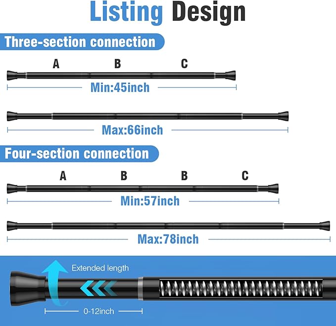 AIZESI Tension Curtain Rod for Windows 45 to 77 Inch, Adjustable Expandable Spring Curtain Rods No Drilling, Non Slip Curtain Rod for Bedroom Doorway Closet, Black