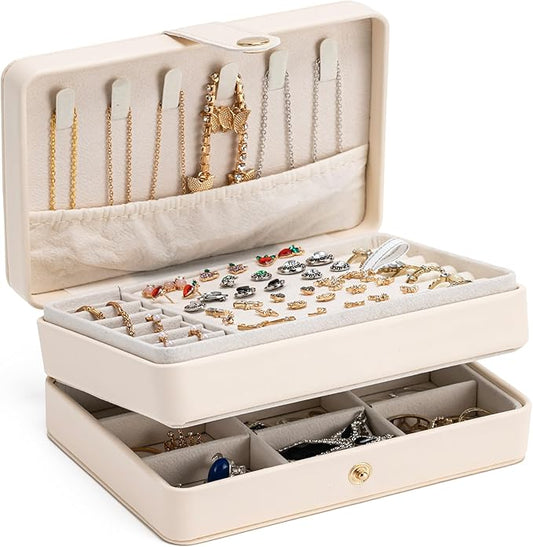 MODENGKONGJIAN Jewelry Organizer Box, 2-Layer Large Jewelry Storage Case, Portable Travel Jewelrys Display Holder for Earrings, Necklaces, Bracelets (Beige, PU Leather)