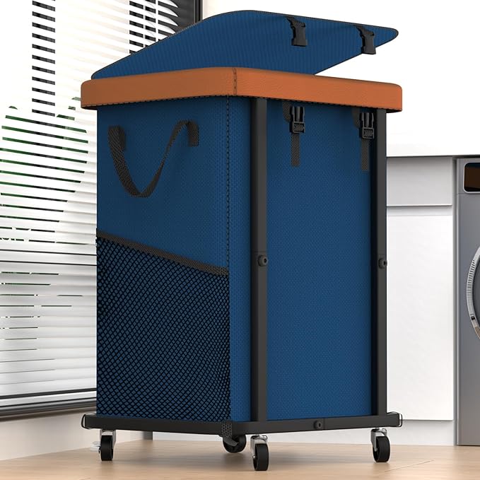 150L (40 Gal) Large Fashion Laundry Basket with Wheels, Leather Patchwork Rolling Hamper Carts, Sturdy Metal Frame, Removable Washable Bag, Tall Clothes Sorter for Bedroom, Laundry Room - Navy Blue