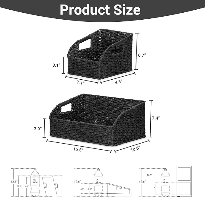 Pantry Organizers, Handwoven Large Wicker Baskets for Shelves, Labeled Storage Baskets for Organizing with Handles - Paper Storage Bins, Boho Decorative, 3 Pack, Black