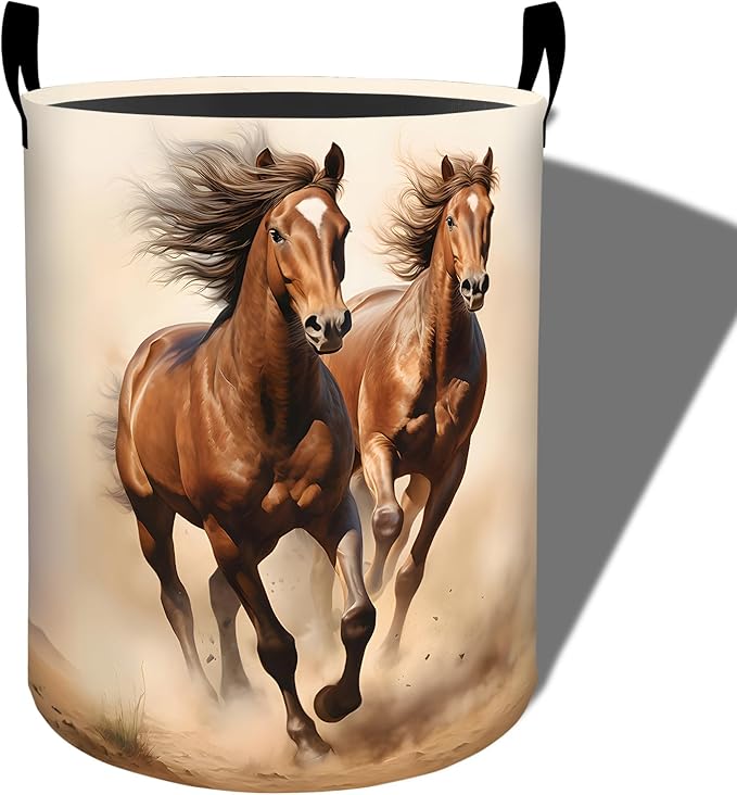 Rustic Horse Laundry Basket, Desert Sunset Foldable Oxford Cloth, Waterproof Dirty Clothes Hamper with Handles, Clothing Storage Bucket Toy Organizer for Bathroom Bedroom Dorm, 19.7"x15.7"