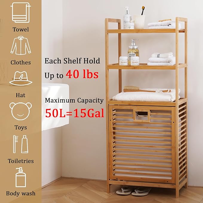Baveke Bamboo Laundry Hamper with 3 Tier Shelves & Tilt Out Basket, Laundry Baskets Organizer Hampers Bathroom Storage Shelf for Laundry Room, Bathroom, Guest Room（3-Tier, Large）