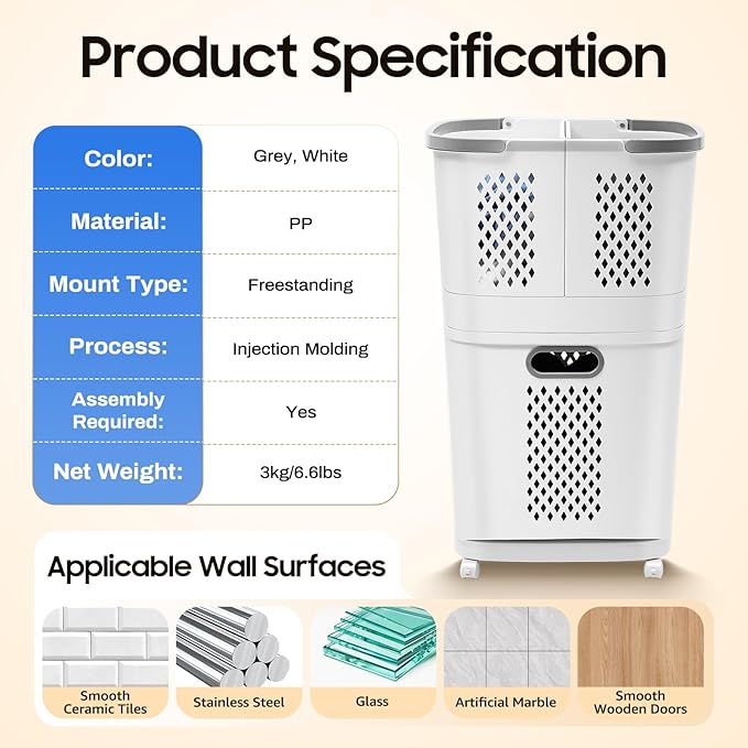 2 Tier Laundry Basket with Wheels & Handle, Stackable & Removable Laundry Basket Plastic Rolling Laundry Baskets Plastic Laundry Hamper, Vertical Laundry Sorter for Bathrooms Bedrooms