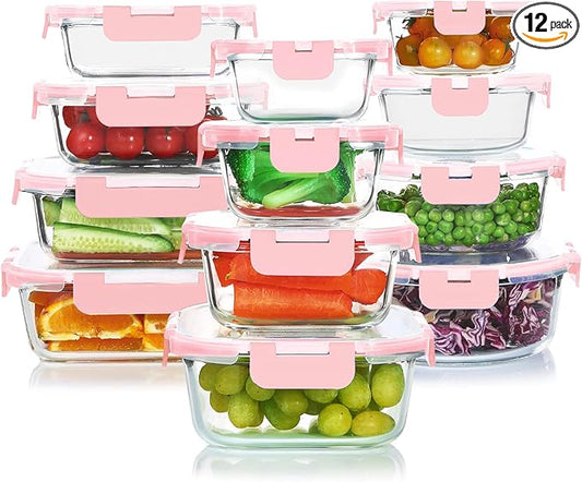 KOMUEE 24 Pieces Glass Food Storage Containers Set, Meal Prep Containers-Stackable Airtight Glass Storage Containers with lids,Freezer, Microwave, Oven Safe,Pink