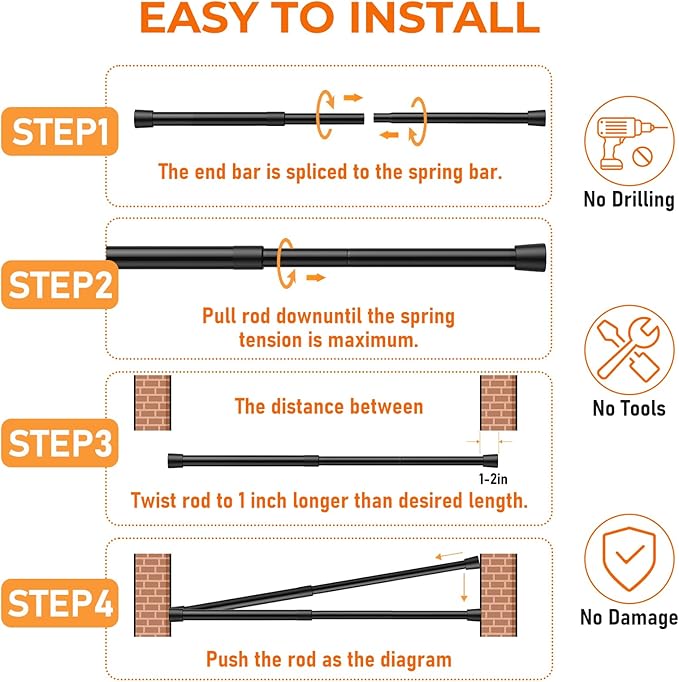 Tension Curtain Rod for Window 34 to 59 Inch Adjustable Spring Loaded Curtain Rods No Drilling Black Tension Rods for Doorway Closet Door Kitchen Bathroom