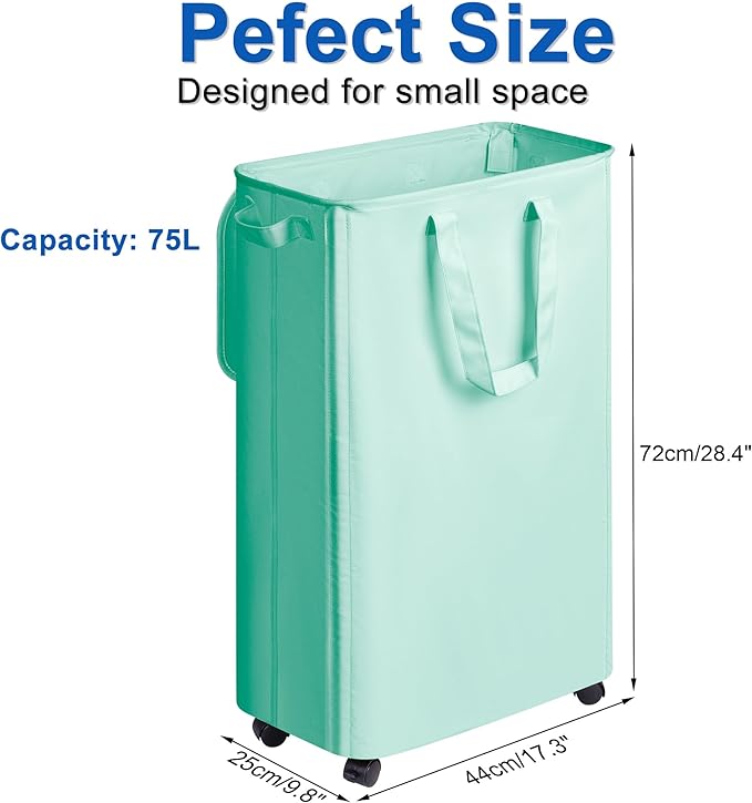 Vincona Slim Laundry Hamper with Lid and Wheels, Small Rolling Laundry Basket with Handle for Small Spaces, Tall Dirty Clothes Hampers for Dorm, Bathroom and Bedroom, 75L, Light Blue