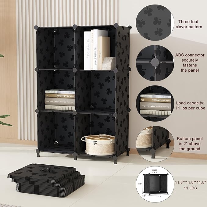 UNKU Cube Storage Organizer, 10 Cube Closet Organizer Storage Shelves, DIY Stackable Bookcase, Clothes Organizer Shelf for Closet, Bedroom, Living Room, Cabinet, Home, Office, Black