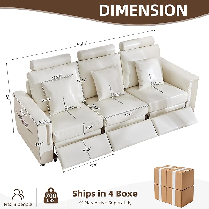 LEVNARY 3-Seater Modular Reclining Sofa, Upholstered Faux Leather Power Recliner Couch with 3 Electric Seats, 3 Pillows & Side Pockets, Adjustable Back & Footrest, Living Room Furniture (White)