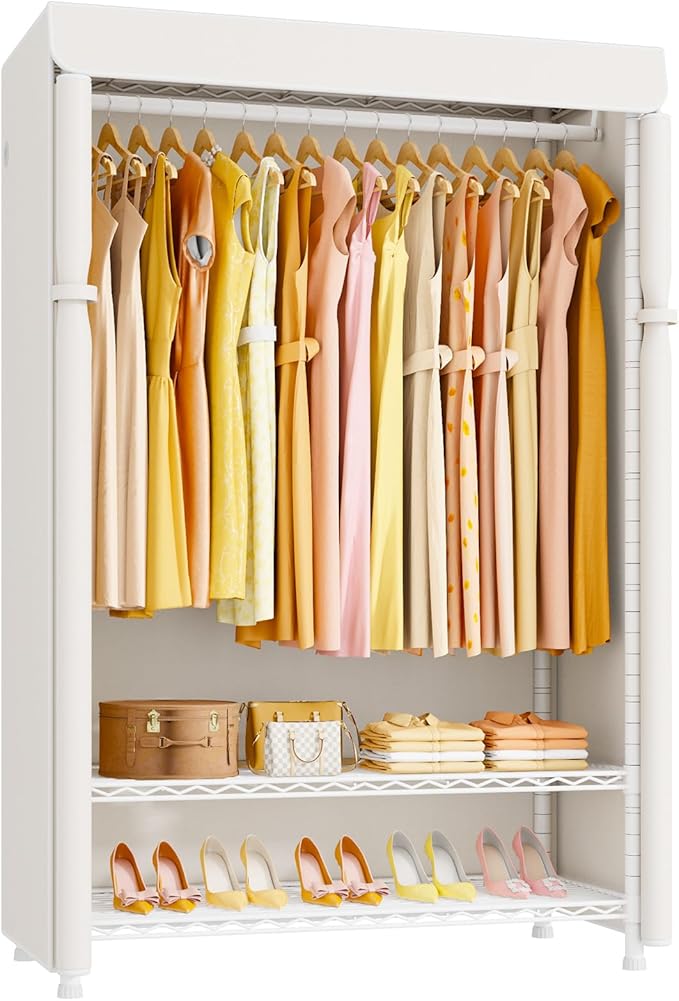 ULIFHOME H5C Plus Clothes Rack with Cover, Portable Closet for Hanging Clothes, Covered Clothing Racks Heavy Duty, 3-Tiers Garment Rack with Shelves Max Load 370LBS White Closet Rack with White Cover