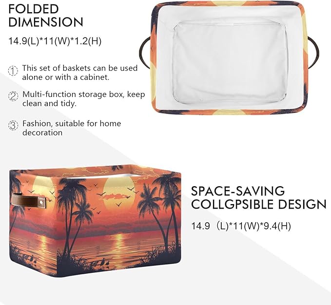 xigua Summer Palm Trees Storage Basket Collapsible Storage Bins Waterproof Canvas Storage Basket with Leather Handles for Home Closets Offices,Bedrooms,Gift Baskets,1PCS