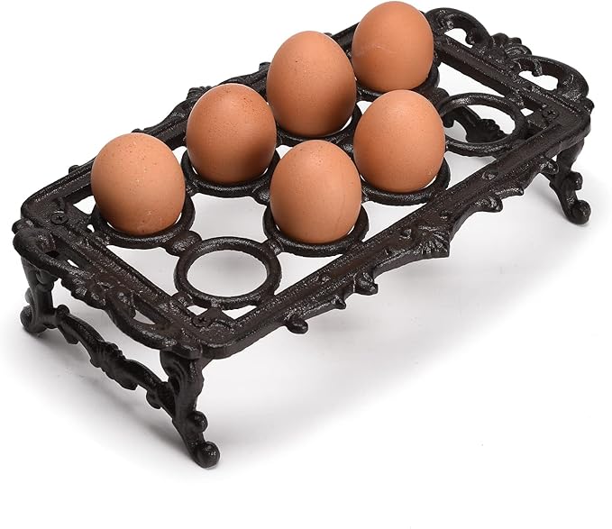 BRASSTAR Cast Iron Vintage Egg Rack Retro Desktop Design Egg Stroage for Kitchen Countertop Farmhouse Decor 7.1inches (H) Hold up to 8Eggs TQGJPT151