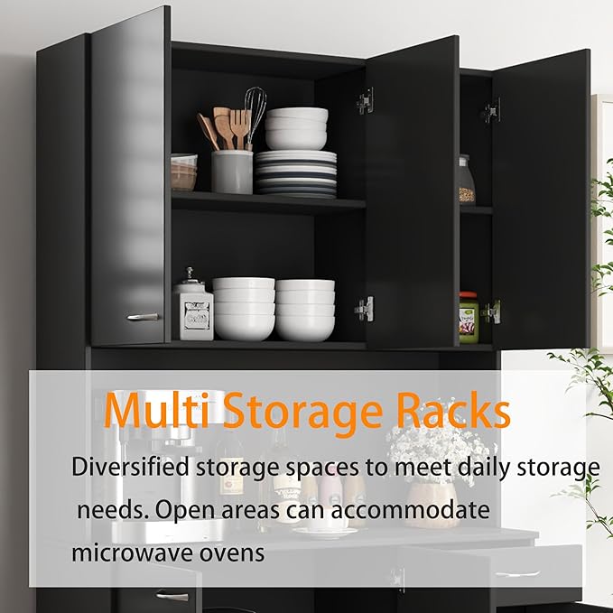 Modern Kitchen Pantry Cabinet, 70.86" Tall Freestanding Cupboard with Multi-Tier Storage Rack and Microwave Stand for Kitchen, Living Room,Black