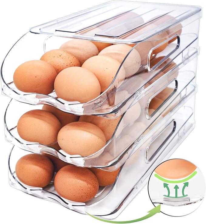 SMRCAD Egg Holder for Fridge, Automatic Steady Rolling Egg Container with Soft Bumpers & Handle for Refrigerator, Stackable Fridge Organizers and Storage with Lid