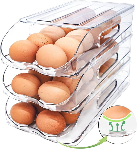 SMRCAD Egg Holder for Fridge, Automatic Steady Rolling Egg Container with Soft Bumpers & Handle for Refrigerator, Stackable Fridge Organizers and Storage with Lid