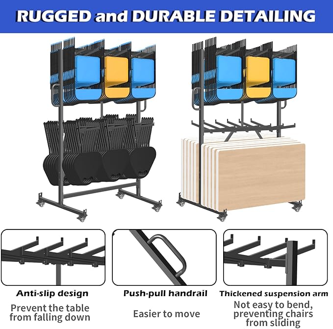 Folding Chair Racks for Storage, Heavy-Duty Folding Chair Cart with 1100 LBS Capacity for 12 Tables or 84 Chairs, Multi-Function Chair Storage with Swivel Wheels, Dust Cover, 2 Binding Ropes