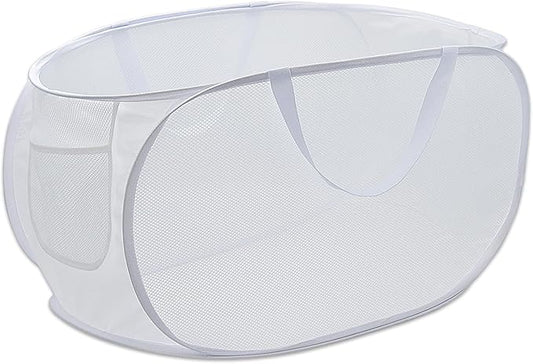 Pop Up Laundry Hamper,Collapsible Horizontal Baskets with Handles & Side Pocket,Foldable Sturdy mesh for Laundry Room,Bathroom,Kids Room,College Dorm or Travel (White)