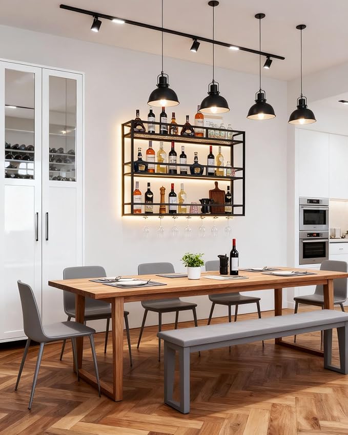 39" Wall Mounted Wine Rack with Bottle Glass Holder, 3-Tiers Metal Bar Shelves for Liquor Bottles with LED Light, Wall Wine Rack for Home, Restaurant, Commercial Bar, Kitchen Storage Display